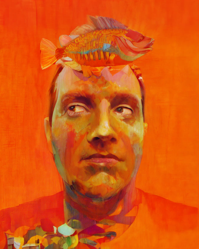 painting of a man with a fish on his head
